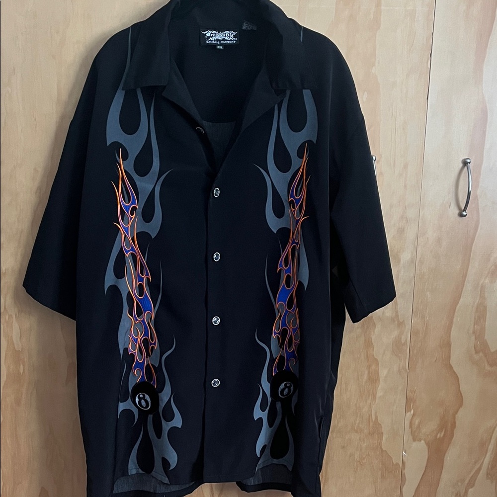 Men's Dragonfly Roadhouse 8ball Black Flame Pattern Button Down Shirt